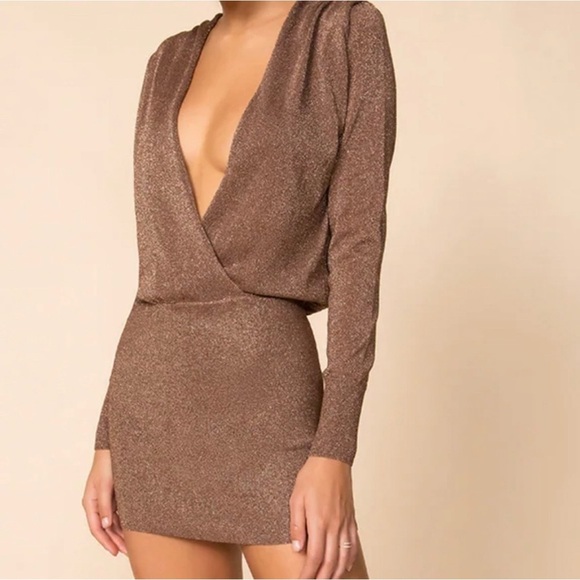 NWT Superdown Aura Shimmer Long Sleeve Mini Dress Brown Bronze mocha sz Medium - Picture 3 of 9